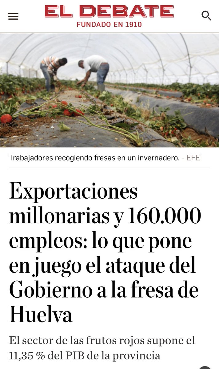 Alemania retira en sus supermercados los productos rojos procedentes de Huelva ante la alarma creada por <a href="/sanchezcastejon/">Pedro Sánchez</a> sobre Doñana

Decenas de miles de empleos en peligro por la falaz demagogia gubernamental contra <a href="/JuanMa_Moreno/">Juanma Moreno</a> 👇