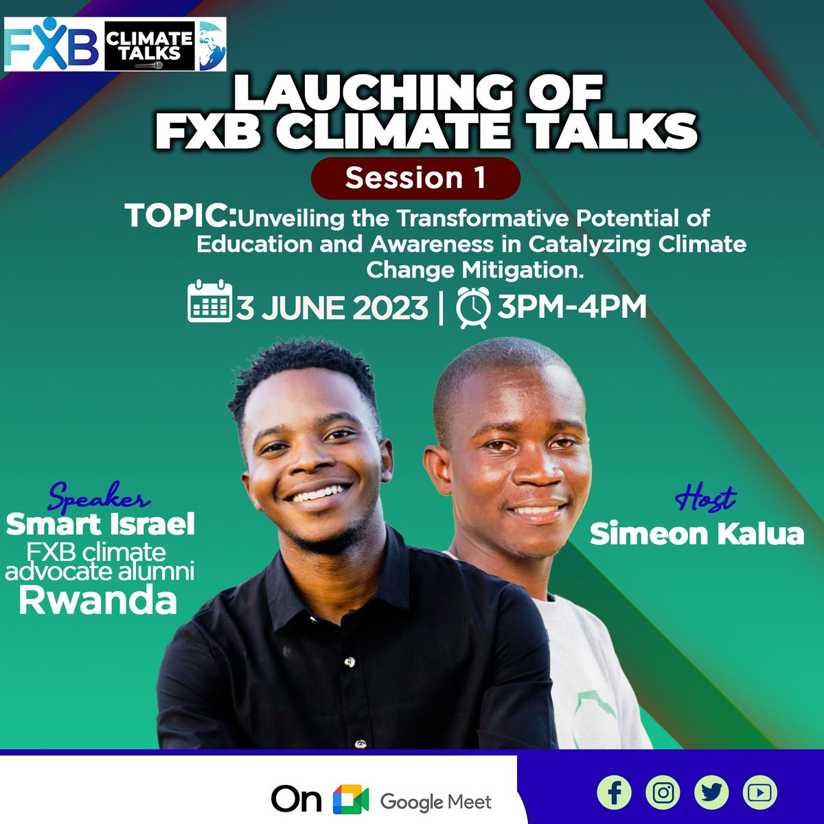 🚩SESSION 1. 

FXB Climate Talks LAUNCH with Smith Israel as our guest speaker

TOPIC: unveiling the transformative potential of education and awareness in catalyzing Climate change mitigation 

Join the meeting tomorrow through this link: meet.google.com/psw-xany-ymn