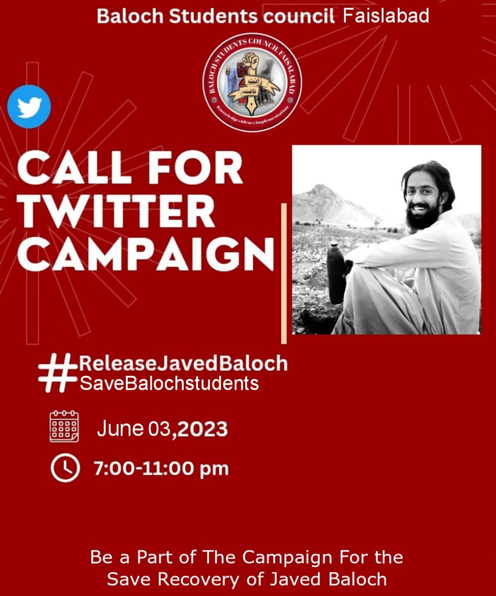 BSC_Faisalabad's tweet photo. Baloch Students council Faislabad

BSC-FSD is going to run a twitter campaign against the enforced disappearance of Javed Baloch , We request All people to Be a part of the campaign and save Our Future 
June  03 ,2023
7:00 Pm-11:00 Pm
#ReleaseJavedBaloch https://t.co/belM8cR6WD