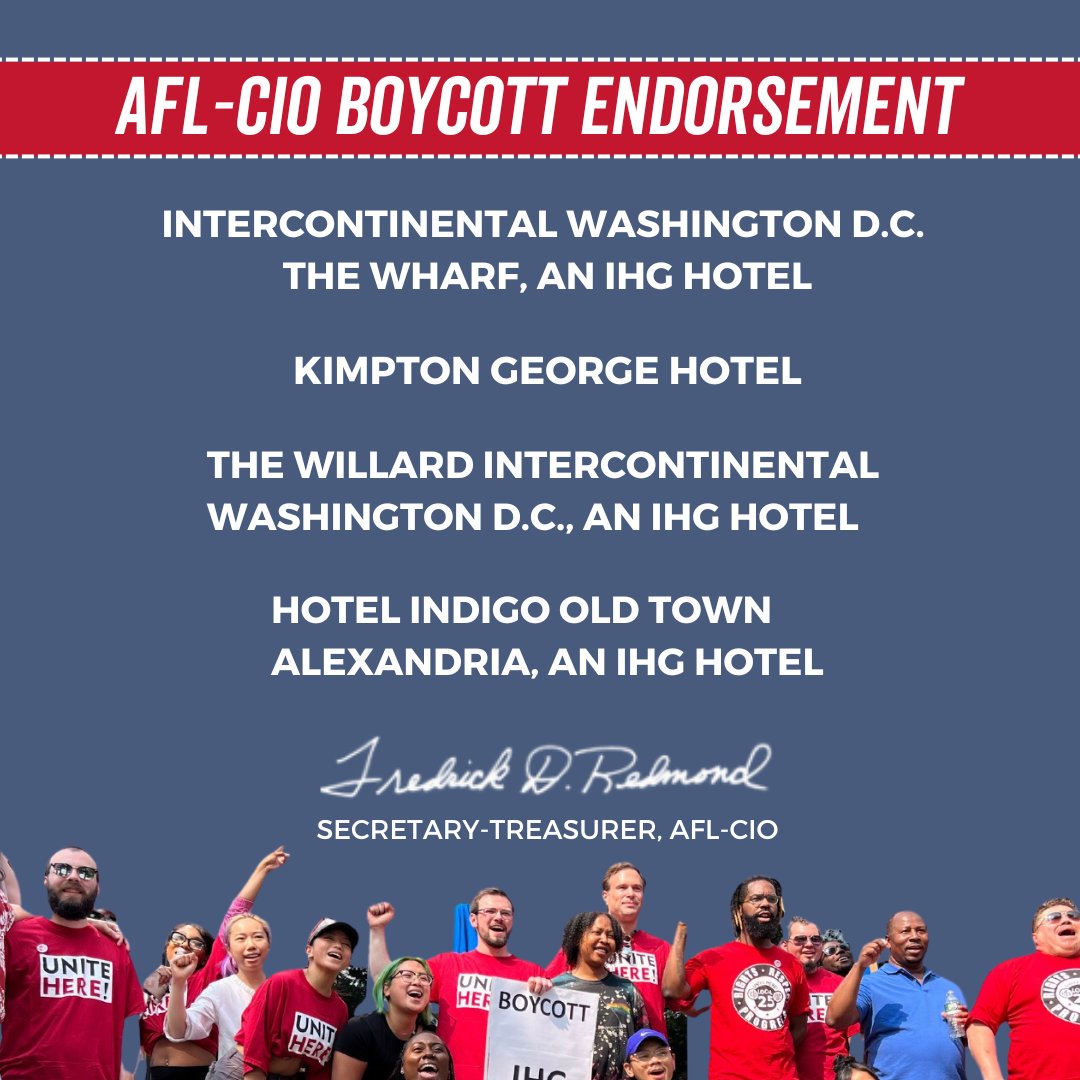 The AFL-CIO is officially calling for the boycott of four <a href="/IHGCorporate/">IHG</a> hotels in Washington, D.C. and Virginia in solidarity with <a href="/unitehere/">UNITE HERE</a> <a href="/UHLocal25/">UNITE HERE Local 25</a>. 

Don't cross the picket line.