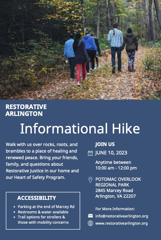 LianeRozzell's tweet photo. If you're curious about #RestorativeJustice, please join us for an informational hike at Potomac Overlook  Park in Arlington, VA,  Sat. June 10, between 10 am - 12 pm. 
Bring your questions and walk with Restorative Arlington staff, Board members and community supporters! https://t.co/kTHEK512rw