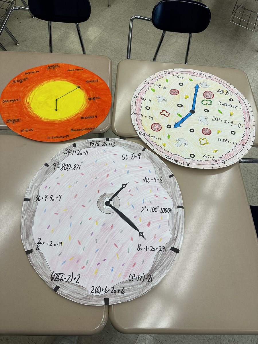 Miss_Elizardo's tweet photo. Tick tock, tick tock, it’s officially math o’clock . Ss created their own clocks using mathematical expressions and algebraic equations to represent the numbers on  a clock. I think some of my students were hungry when they created their projects. https://t.co/6K5QS3BgIL