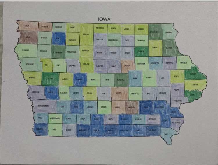 lyonpaa's tweet photo. #MappingReligion largest protestant group by number of churches by county in Iowa.

Green = Lutheran
Blue = Methodist
Brown = Reform

There is a north-south split going on generally between Lutherans and Methodists https://t.co/HSPP1nv5V1
