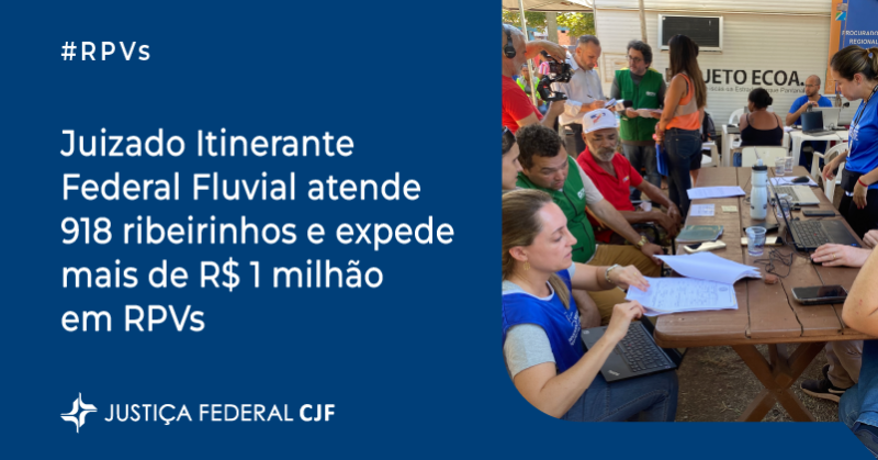 CJF_oficial's tweet photo. A segunda edição do Juizado Especial Federal Itinerante Fluvial atendeu 918 moradores de comunidades ribeirinhas de Mato Grosso do Sul. Durante a força-tarefa, foi emitido o montante de R$ 1,01 milhão em Requisições de Pequeno Valor (#RPVs). #JF @trf3_oficial Saiba mais: