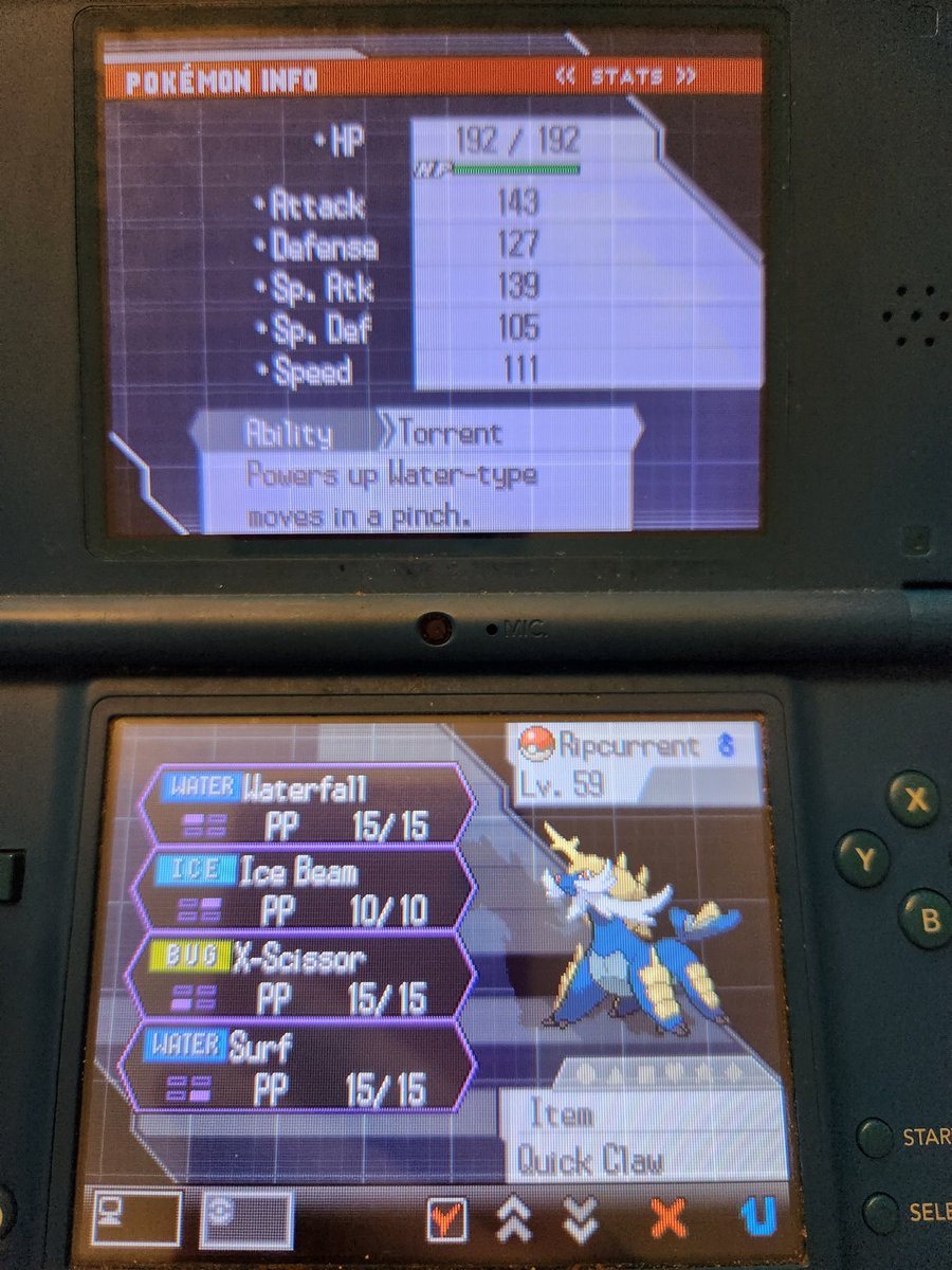 Ripcurrent the Samurott. Tried and true Starter. Very rarely did he let me down. And I wanted a name ties in with his design and the fact that he's a Water type. Always enjoyed using Samurott, and this playthrough was no different