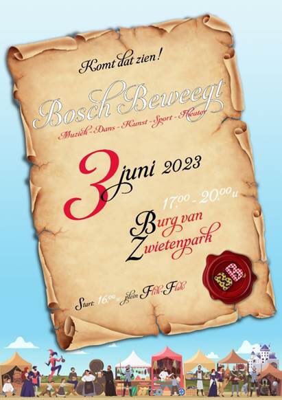 3 juni de stoet van Bosch Beweegt. Onder het genot van een hapje en drankje genieten van een groot aanbod theatrale verrassingen in het park
BB wordt mede mogelijk gemaakt door:
postcodeloterijbuurtfonds.nl
wijk en dorpsbudget Maaspoort, Noord en Empel
fonds lokaal effectief
