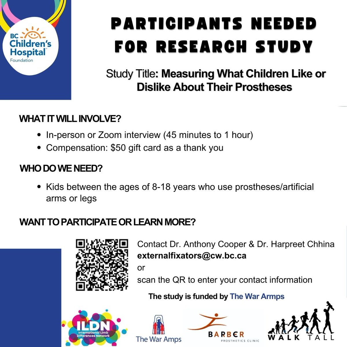 We are looking for children and adolescents for a study to find out what they like or don’t like about their prosthesis. This will help us create a patient-reported survey to measure satisfaction with prosthesis for children and adolescents.🔬
Contact the study team for info!📧