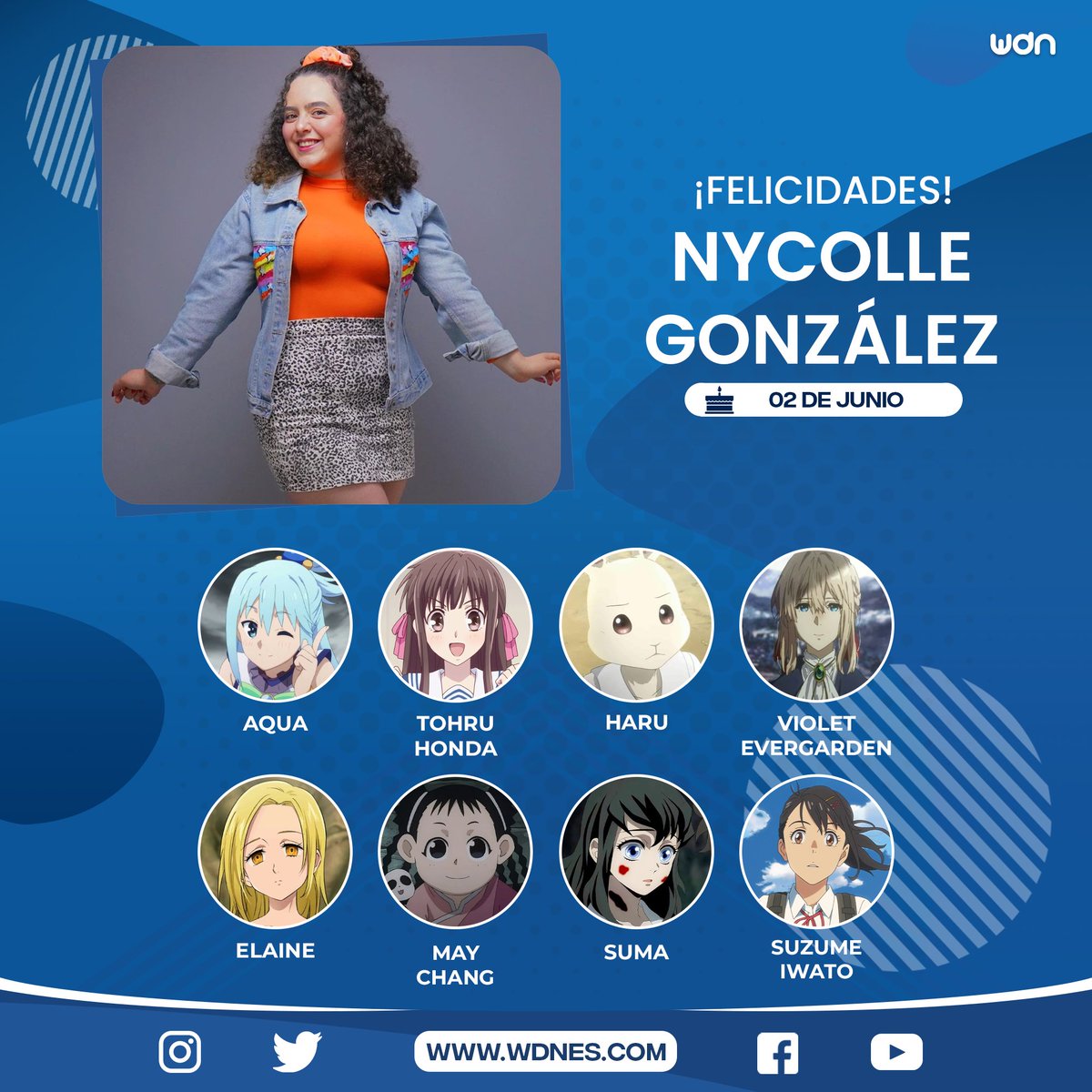 wdn_es's tweet image. 🎂 | Cumpleaños
Le deseamos un feliz cumpleaños a la actriz de doblaje @nycolleyshon, ¡esperamos que la pase increíble en compañía de sus familiares y seres queridos! 🌟