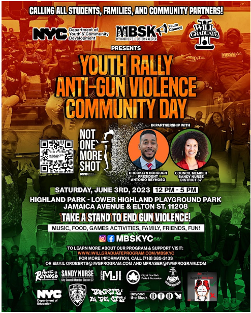 See you tomorrow at Highland Park at 12pm for and Anti-Gun Violence Community Day! 

In partnership w/<a href="/BKBPReynoso/">Antonio Reynoso</a> <a href="/NYCYouth/">NYC Youth & Comm.</a> <a href="/IWILLGRADUATE/">I WILL GRADUATE</a> and My Brother's &amp; Sister's Keeper Youth Council