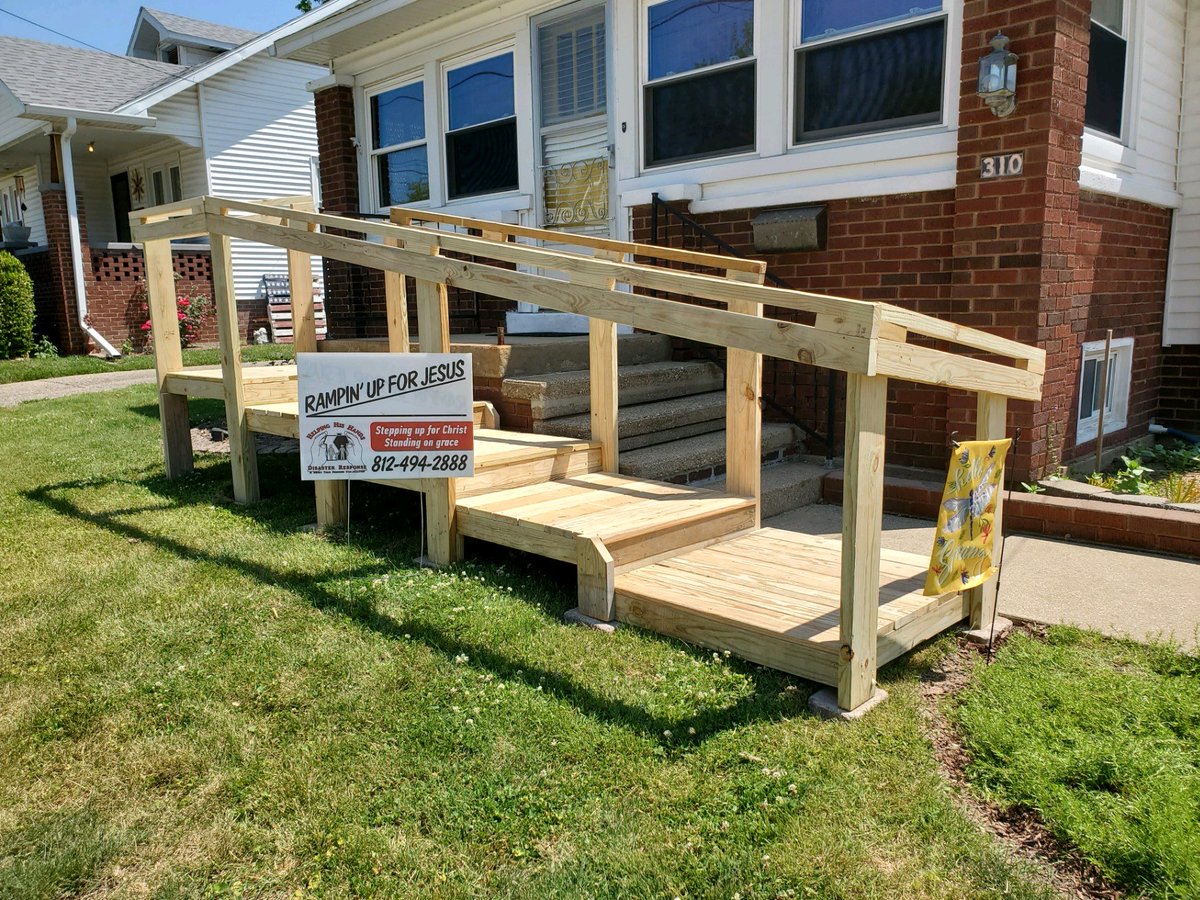 HelpingHisHands's tweet photo. Steppin up for Christ today in Robinson before it got too hot. Barbara really likes her new low-rise steps. The handrails will also be a big help in making the journey outside so much easier and safer. #GBJ https://t.co/850iYeuNeQ