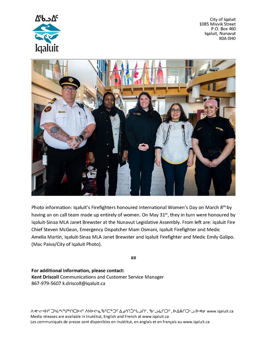 Public Service Announcement
Assembly Recognises Iqaluit’s Women Firefighters
June 2, 2023 – Iqaluit, Nunavut