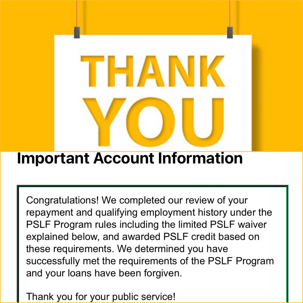 @usedgov @FAFSA I’m grateful to have received forgiveness of my Parent PLUS Loans after 30+ years service in public education. Thank you! @potus @SecCardona @FSACOO 
#PSLFWorks #CancelAllStudentDebt