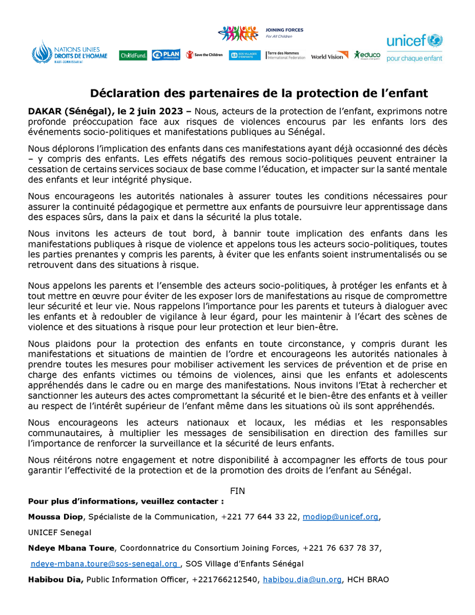 unicefsenegal's tweet photo. Les partenaires de la protection de l’enfant expriment leur profonde préoccupation face aux risques de violences encourus par les enfants lors des événements socio-politiques et manifestations publiques au Sénégal 🇸🇳. Déclaration conjointe 🔽🔽🔽 https://t.co/FWbmWaiKIs