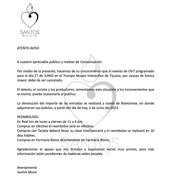 SantosMusicMex's tweet photo. A nuestro apreciable público y medios de Comunicación:
Hacemos de su conocimiento que el evento de OV7 del día 17 de JUNIO en el Trompo Museo Interactivo de Tijuana, debe de ser cancelado.
El talento, el recinto y los productores, lamentamos los inconvenientes.
(1) https://t.co/TL5ZNFEkAw