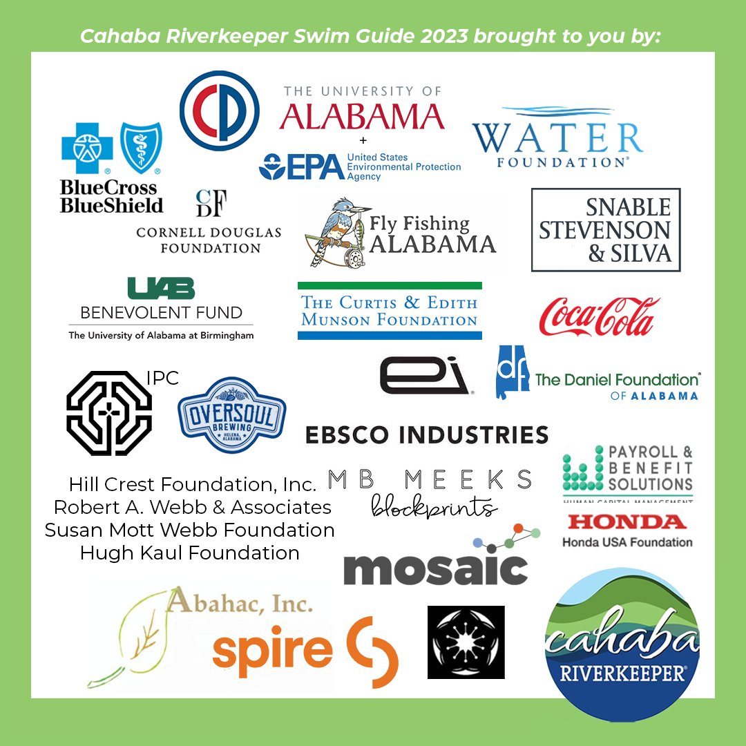 CahabaRiverkeep's tweet photo. We are excited to see improved water quality this week. For our sites with alerts, if you choose to swim, exercise caution and be sure to shower as soon you can to minimize the risk of illness.
Thank you to our sponsors for their support of Week 3!
#swimguide #cahabariver https://t.co/TbWwLkUZbD