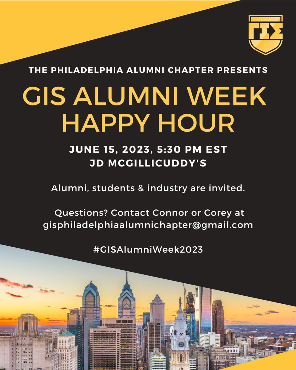 GammaIotaSigma's tweet photo. #PHILADELPHIA alumni, students &amp; industry! Join the Philadelphia Alumni Chapter for happy hour at JD McGillicuddy's on Thursday, June 15th, 5:30 PM EST in celebration of #GISAlumniWeek2023. 

Find an Alumni Week event near you: https://t.co/ZLH4onL754 https://t.co/4refPiTMaw