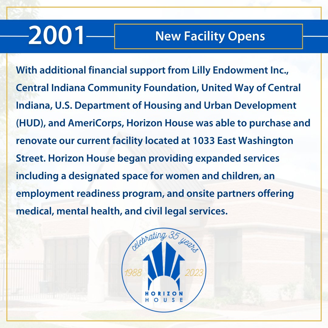 We're celebrating 35 years of helping our neighbors, but how did we get to where we are today? In 2001, Horizon House moved to our current facility to support program expansion necessary to our mission! To celebrate with us, text HH35 to 44-321! #HorizonHouseIndy
