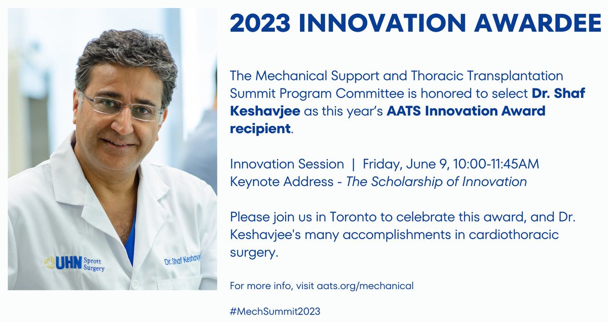 AATS (@aatshq) on Twitter photo The #MechSummit2023 Program Committee is honored to give the 2023 Innovation Award to <a href="/SKeshavjee/">Shaf Keshavjee</a> of <a href="/UHNTransplant/">Ajmera Transplant Centre UHN</a>. Join us June 9 for his Keynote Address: "The Scholarship of Innovation." See you in Toronto!
Program: ow.ly/9kqR50OEtAT
Register: ow.ly/jN7550OEtBG The #MechSummit2023 Program Committee is honored to give the 2023 Innovation Award to <a href="/SKeshavjee/">Shaf Keshavjee</a> of <a href="/UHNTransplant/">Ajmera Transplant Centre UHN</a>. Join us June 9 for his Keynote Address: "The Scholarship of Innovation." See you in Toronto!
Program: ow.ly/9kqR50OEtAT
Register: ow.ly/jN7550OEtBG