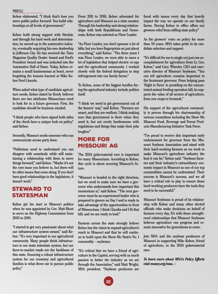Soybean farmers and their industry’s extraordinary economic impact in Missouri as one of our top commodities cannot be understated. 

I’m proud to have the support of <a href="/missourisoybean/">Missouri Soybeans</a> and stand with their hard-working farmers as we work to make Missouri’s agriculture industry the