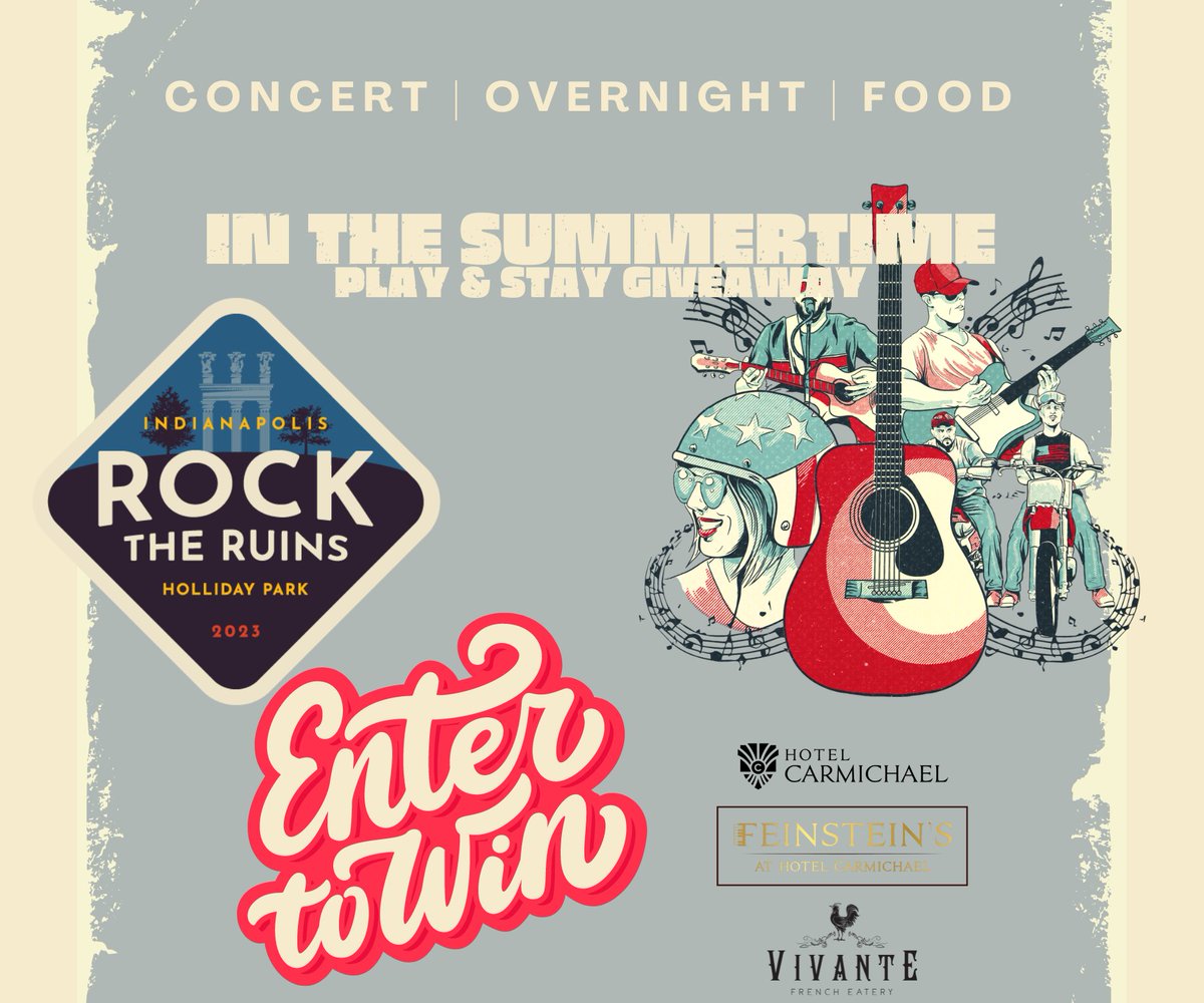 WIN!!!! Concert tickets from @rock_the_ruins, hotel stay @HotelCarmichael and food/drinks from @VivanteCarmel or @FeinsteinsHC - Must be 21 - enter here: forms.gle/DeBrzzKEAGj1Y3… #concerts #Giveaway #rocktheruins #edibleindy #carmelIN #visitindy