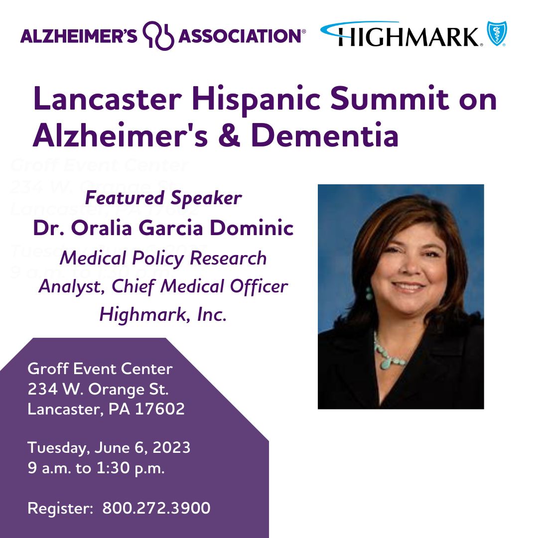 uwlanc's tweet photo. Join us in attending the Lancaster Hispanic Summit from @AlzGPA on June 6th at the @G_E_C_llc. Dr. Oralia G. Dominic of @Highmark will talk about the health disparities of #Alzheimers in the #Hispanic community and ways we can address it.

#Register here: https://t.co/YmnLeXEcO6 https://t.co/NHfABHmAKb