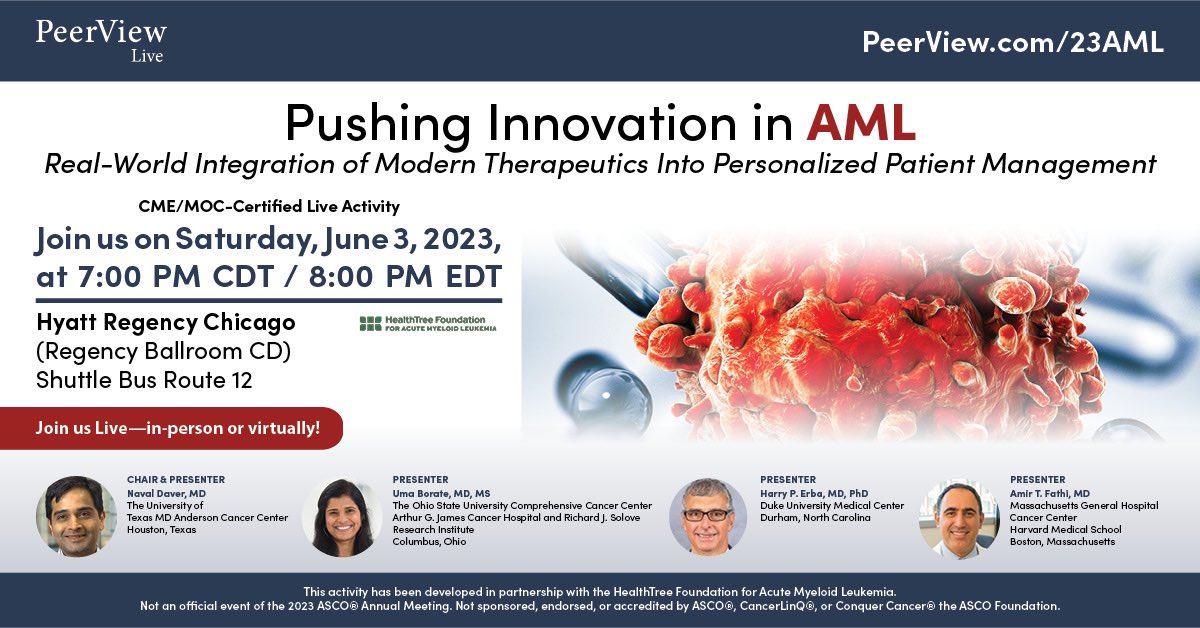 Join myself @Daver_Leukemia, Dr. Erba, & Dr. Fathi tomorrow at 6:30 PM
 CDT at #ASCO23! We will be presenting on the latest in #AML research that you won't want to miss!
bit.ly/3MqZ0DE
 #AcuteMyeloidLeukemia #Leukemia #MedTwitter @HealthTreeAML @PeerView