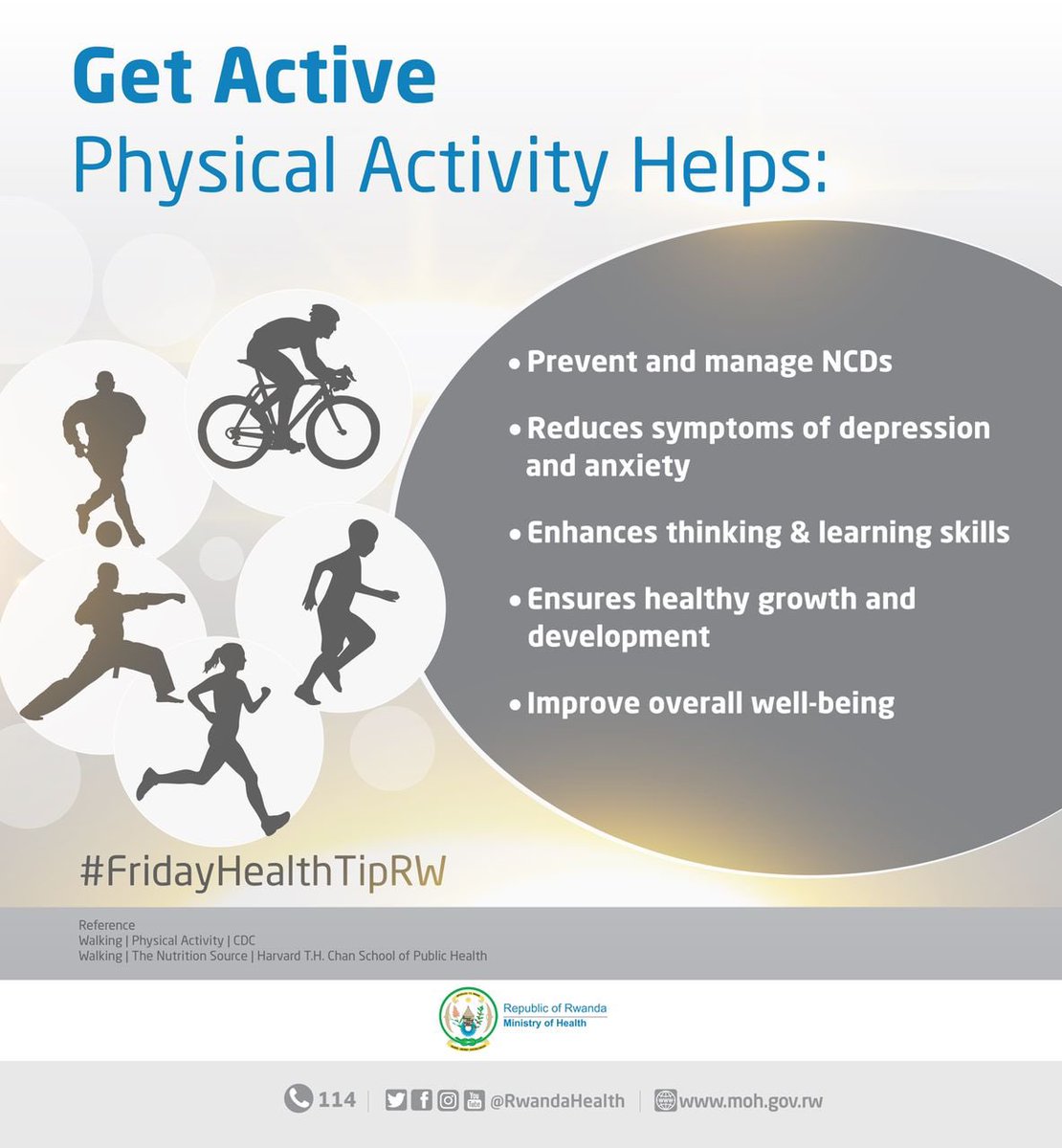 RwandaHealth's tweet photo. Physical activity is essential for both adults & children.
โข Children and adolescents are recommended to do 60 minutes of physical activity per day
โข Adults are recommended to do between 20 &40 minutes of physical activity per day
๐๐ฟโโ๏ธโน๐ฟโโ๏ธ๐๐ฟโโ๏ธ๐คธ๐ฟโโ๏ธ๐๐ฟโโ๏ธ
#PhysicalActivity #HealthyLiving https://t.co/daPM0lhrJZ