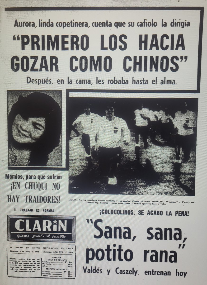 100_diasGolpe's tweet photo. 3 de junio de 1973:  
El Mercurio: "La imposible locomoción".
La Tercera: "Caszely y Galindo tentados por el Real Madrid". Clarín: "Primero los hacía gozar como chinos".  
El Siglo: "Conflicto de El Teniente degenera en terrorismo". https://t.co/uo9zpNkS97