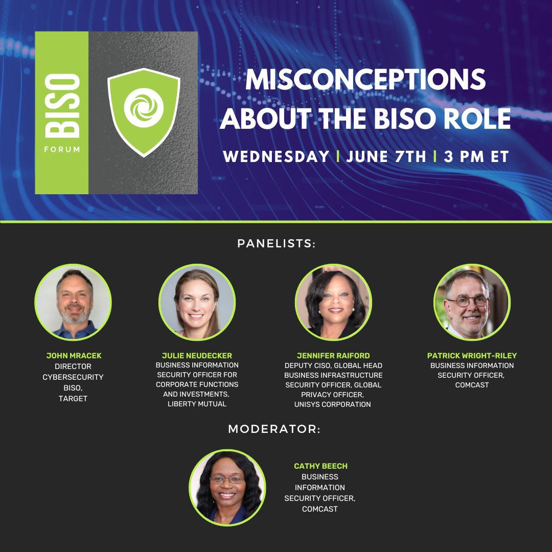 ewfdsgglobal's tweet image. Join us next Wednesday for a BISO Forum Webinar: Misconceptions about the BISO role. Panelists will discuss their BISO roles, their career journeys, and the value the #BISO brings to the organization: ewf-usa.com/events/event_d… #CISO #CPO #CIO #cybersec