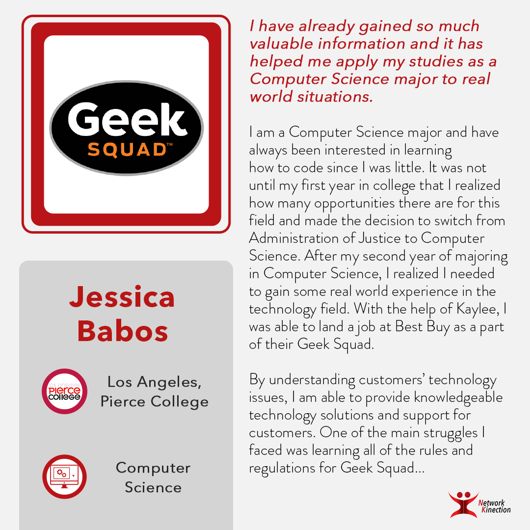 NetKinect's tweet photo. @BestBuy's @GeekSquad has a new member: @PierceCollegeCA student Jessica Babos! Using her #computerscience knowledge, Jessica's learning how to apply her coursework to real-life situations. 

Read more about Jessica's success: https://t.co/4CeTXB8XhM

#communitycollege #tech https://t.co/KFN9qbrSZU