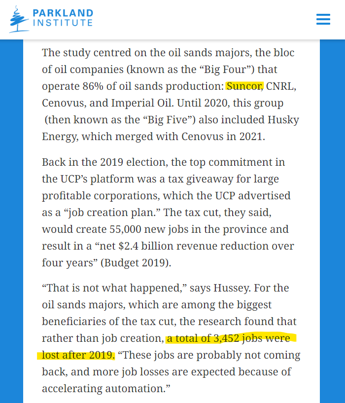 zjlaing's tweet photo. no, i’m not.

i’m laughing about the fact that suncor is slashing 1500 jobs and trying to pin it on fiscal health when they posted $2.05-BILLION in profit in q1 this year.

i’m laughing at the fact that it happened three days after the ucp got re-elected and that it’s going to just be shrugged off.   can you imagine the reaction to this if the ndp were elected? my god! people would be frothing at their mouths. 

wasn’t the upc’s eight percent corporate tax rate supposed to attract business and allow it to be easier for them to operate in alberta? all alberta got was the wool pulled over our eyes with the rich getting richer and thousands losing their jobs. https://t.co/aT9OpcQbRl