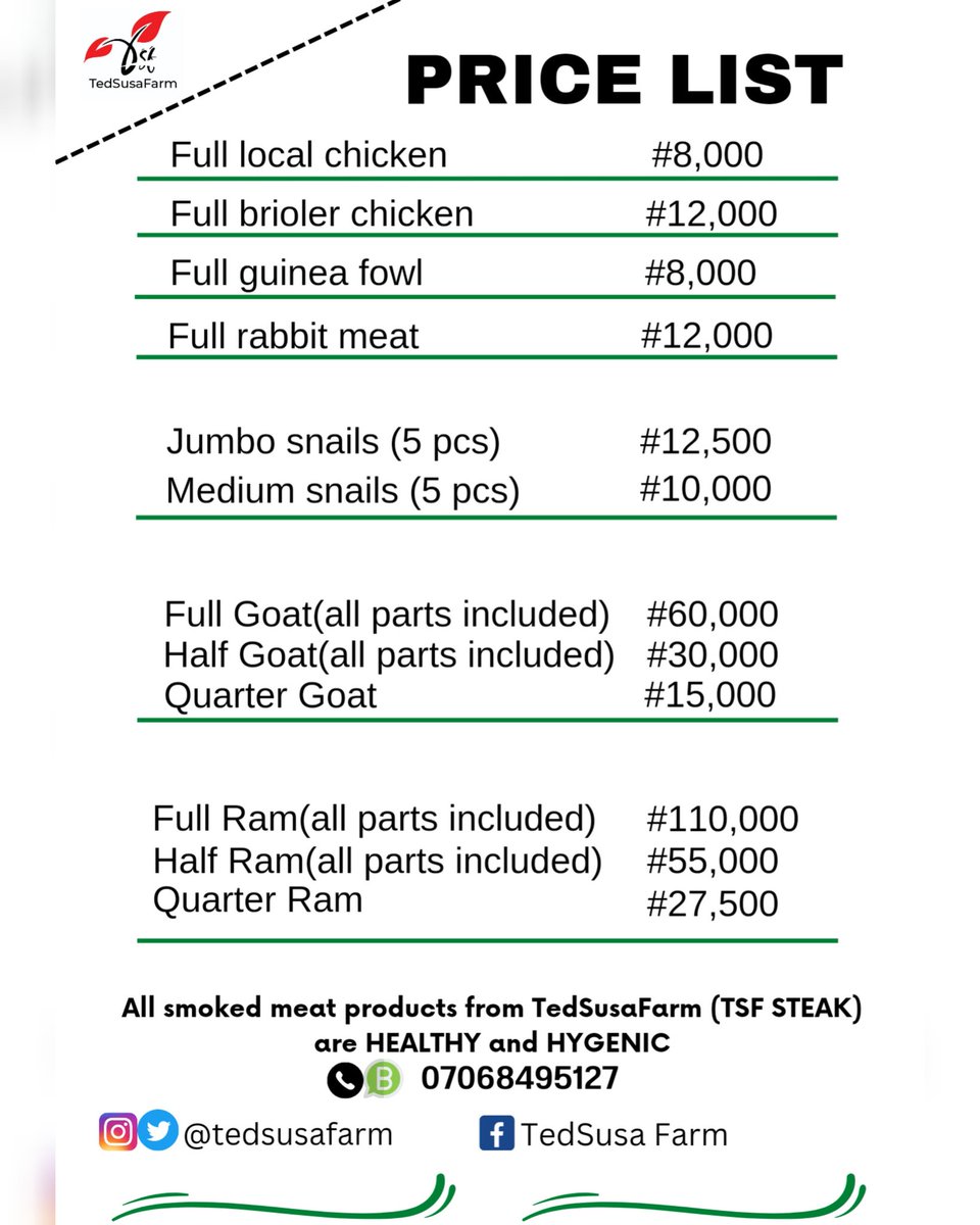 TedSusaFarm's tweet photo. Price List update
There's a slight increase in the price of Goat Meat and Fulani Local Chicken. This new price has taken effect since yesterday

Please Note: Prices are subject to change 

We love our customers, we do not want to reduce the quantity and quantity of our products https://t.co/qIHV3NbYEL