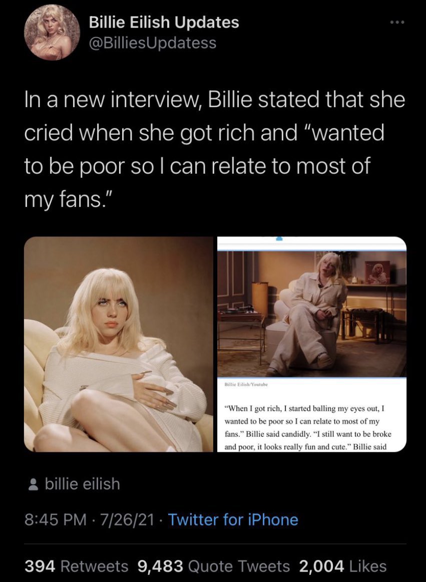 Irunnia_'s tweet photo. @DailyLoud @Chisomnwagbaraa This reminds me of the time when Billie said this. These celebrities want to be broke so bad 😂😂 https://t.co/80SNgPmm7q