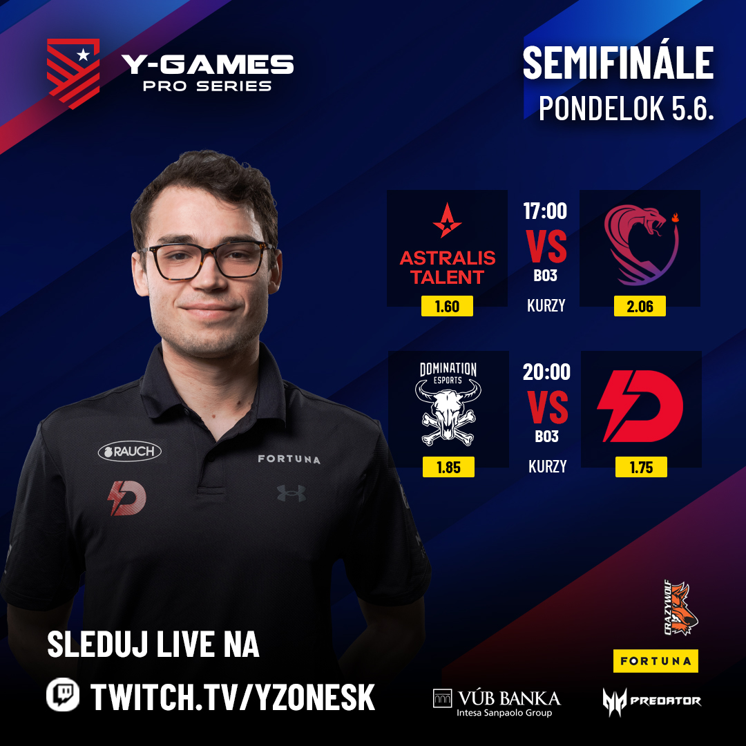 Semifinals are almost here! 🏆 Who will advance to Grandfinal? Watch live Monday May 5th from 17:00 here: twitch.tv/yzonesk 👈

Schedule:
17:00 - @AstralisCS Talent vs @ignis_serpens 
20:00 - @DomiNationhu vs @dynamoeclot