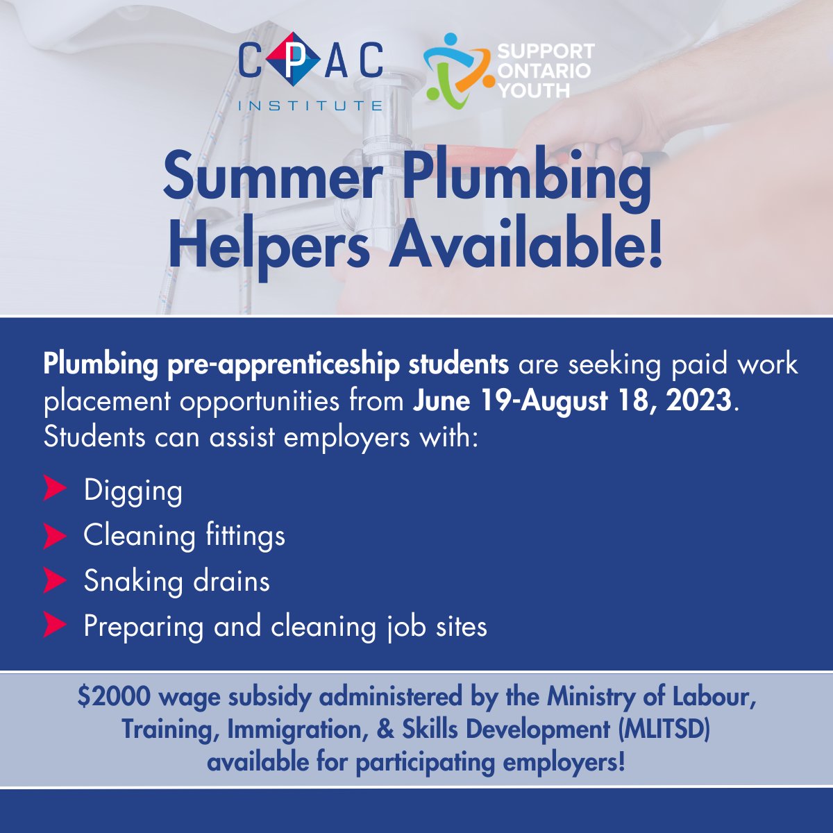 supportONyouth's tweet photo. Attention Employers! We have plumbing pre-apprenticeship students available for paid work placement opportunities!

To learn more contact Sydney Botelho at Sydney.botelho@supportontarioyouth.ca.

#PreApprentice #Plumbing #Toronto #Mississauga #NorthYork #Brampton #SkilledTrades https://t.co/wWgpcat4fl
