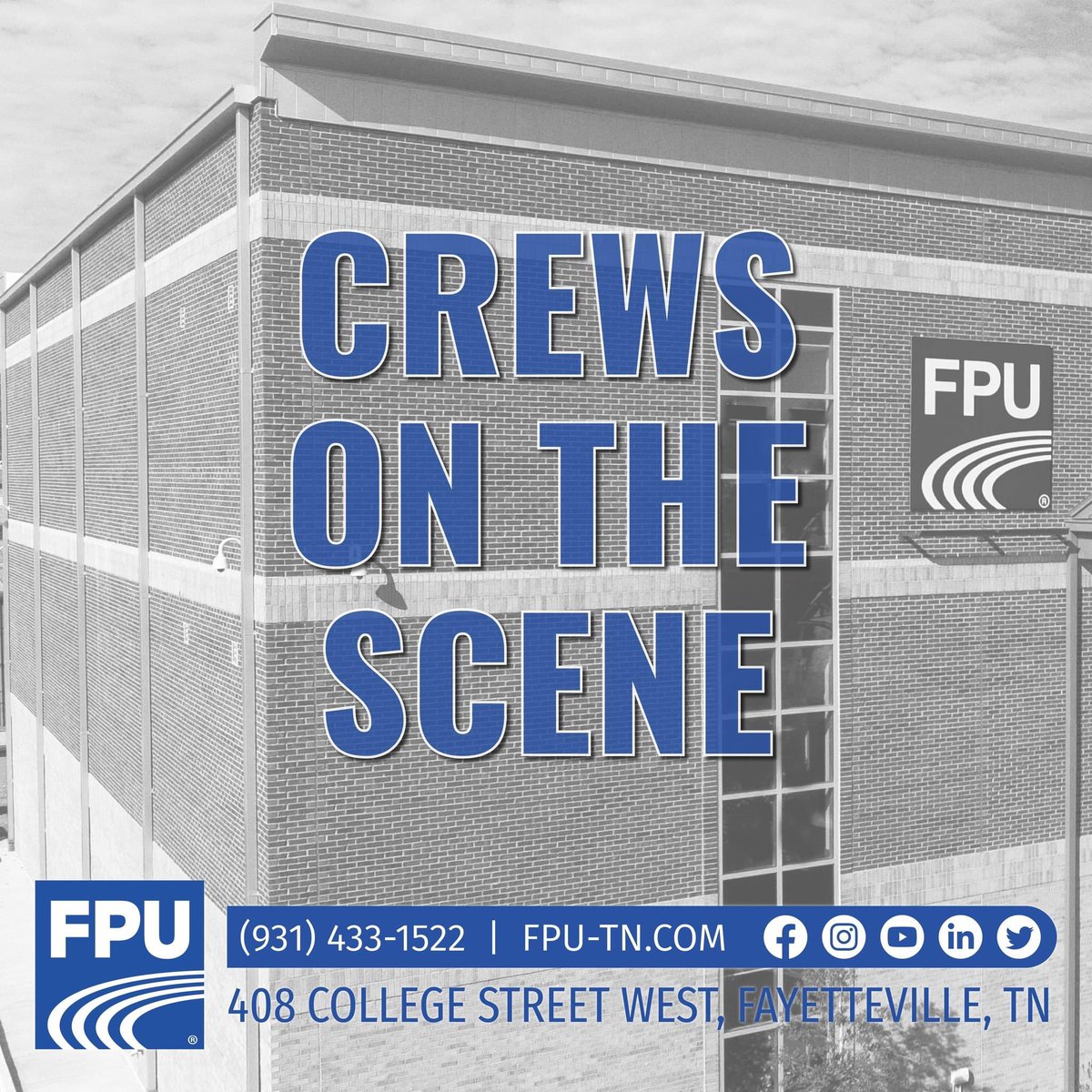 FPUTNOutages's tweet photo. FPU crews are on the scene working to find the cause of flickering lights in the Mulberry area. Customers on the following streets might be affected: https://t.co/7xcTX4zJNW
