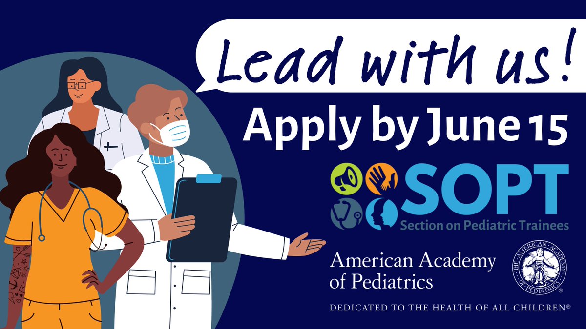 AAPSOPT's tweet image. As a training stage interest group of the @AmerAcadPeds,  @AAPSOPT works to engage our members through varied leadership positions within our section. There’s something for everyone!
To apply, DM 4 link or visit bit.ly/aapSOPT (AAP login req'd). 
#PedsPerks #FutureFAAP