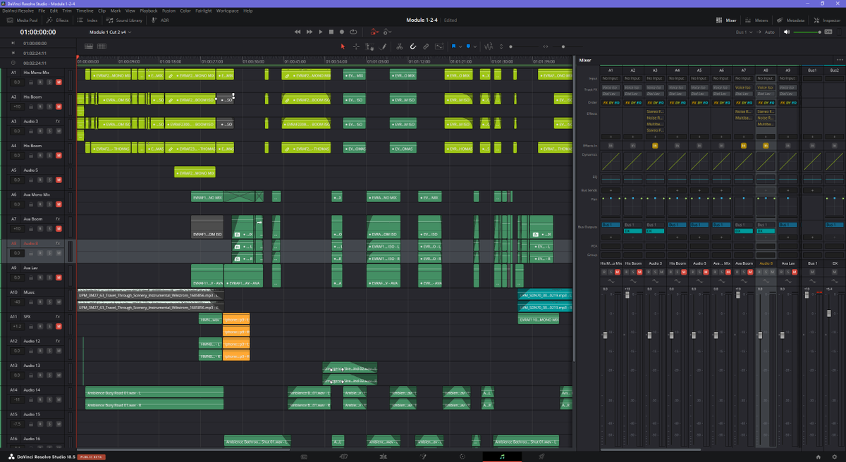 WallaceEdits's tweet photo. Working on some #SFX in #DaVinciResolve #Fairlight for the #GoToEditor course @ThisGuyEdits @BMDesignPro #timeline #FairlightFriday https://t.co/8E0hT4vIb7