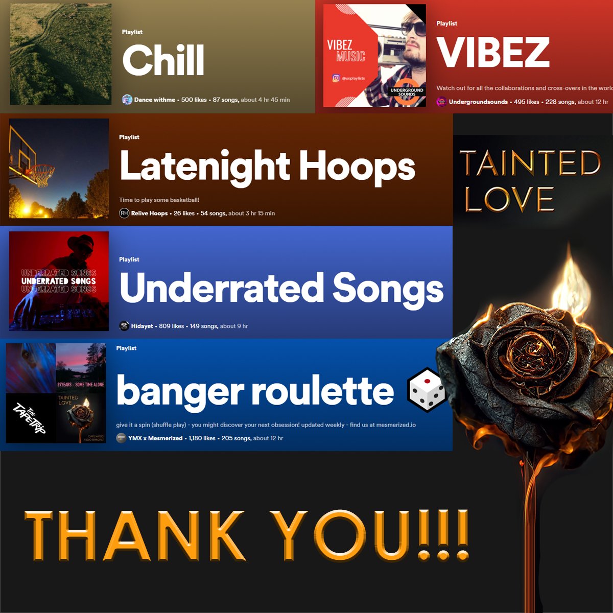 More 🖤 4 TAINTED LOVE - Thanks to Undergound Sounds, @itsmesmerized, Zeno Music, @relivehoops for adding our edgy cover to your cool @Spotify playlists!😀🙏
Check them out!
Listen: ffm.to/taintedlove

Chris Wirsig & @AudioTerrorist

#chriswirsig #audioterrorist #taintedlove