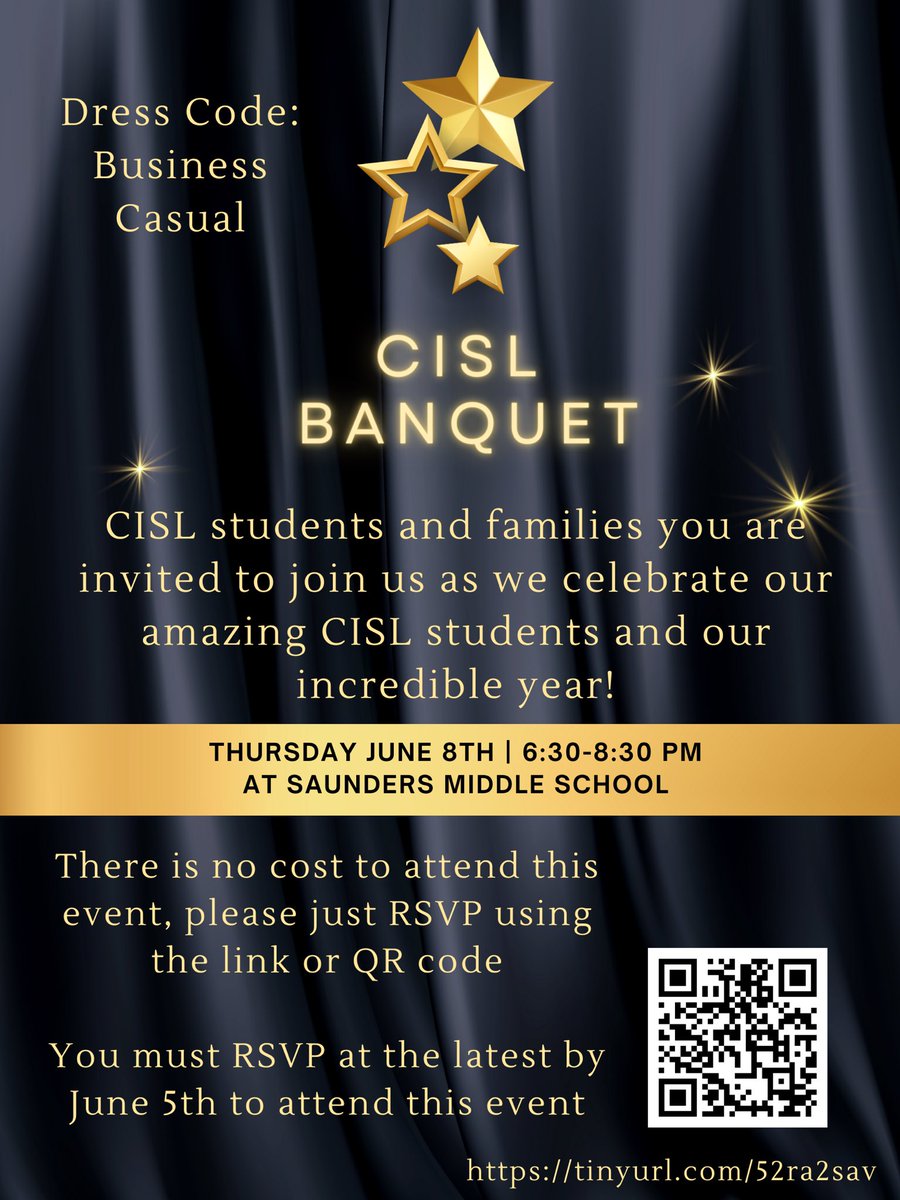 Attention CISL students and families! Next week we are hosting our CISL banquet! See the flyer below for more details, and RSVP by June 5th using the link in our bio! We hope to see you all there!