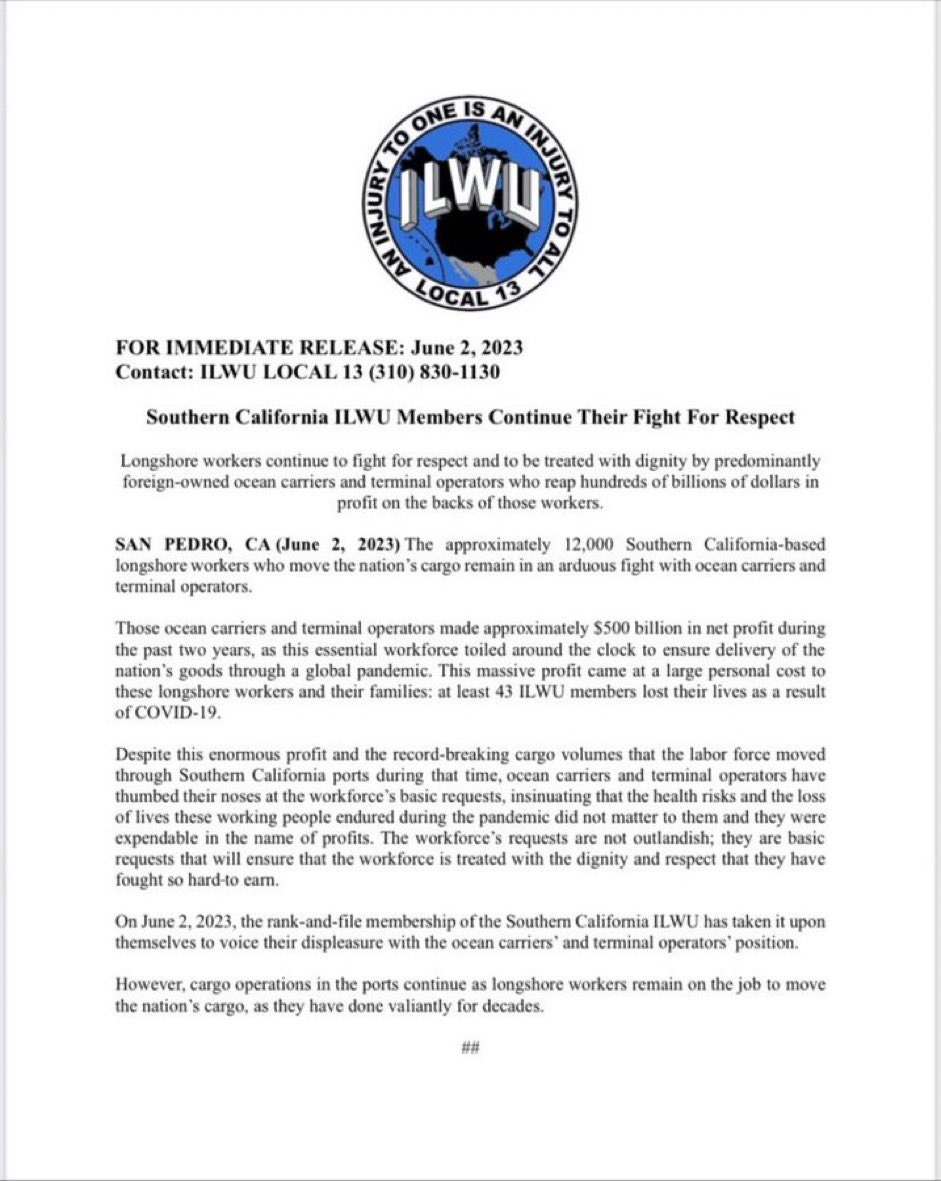 I stand in solidarity with the workers of ILWU Local 13 as they continue their fight to be treated with respect and dignity by ocean carriers and terminal operators.  These companies make billions off the backs of these workers who keep cargo moving at our Ports of LA and LB.