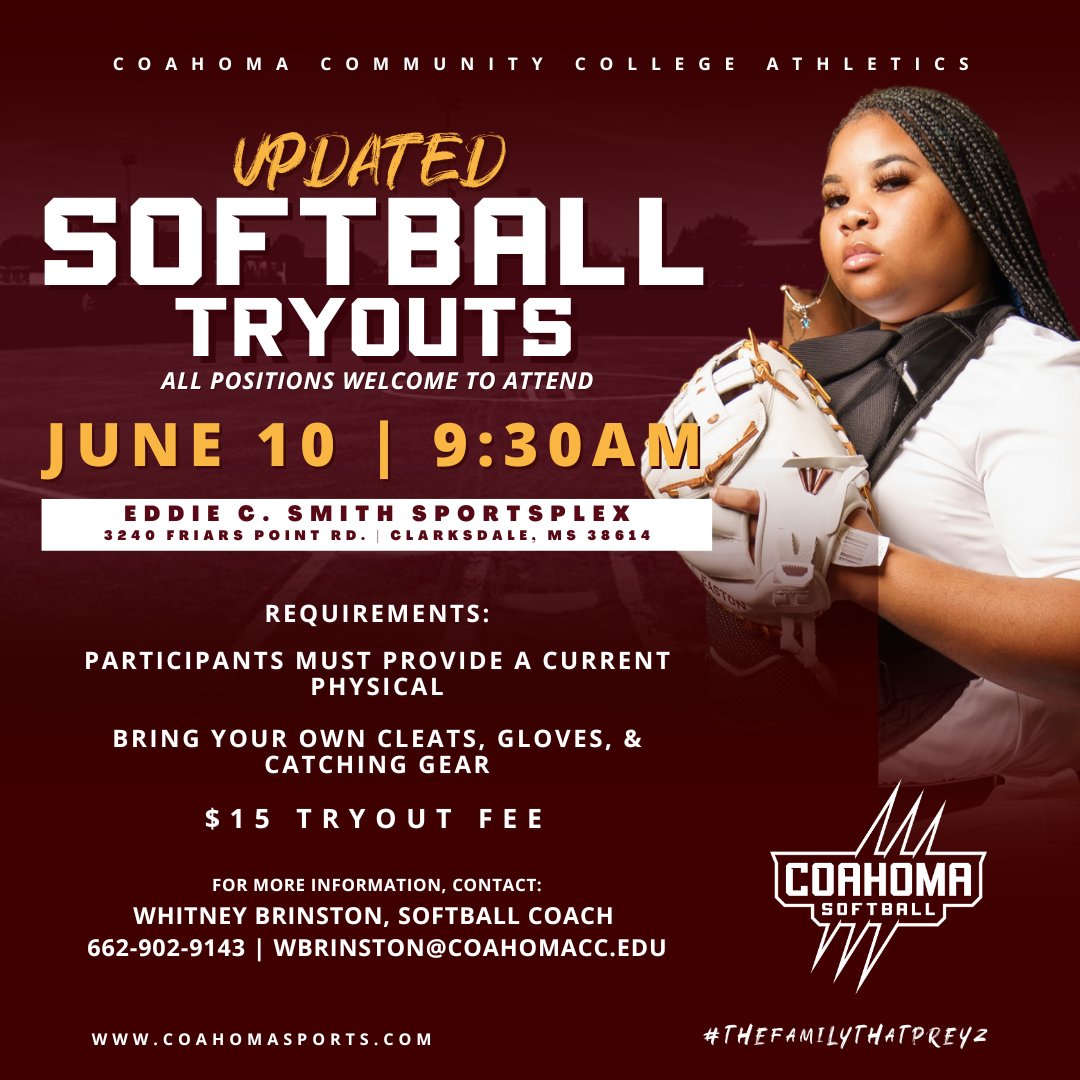 CoahomaSports's tweet photo. #UPDATE Let's try this one more time. 😂 The CCC softball 🥎 program will host tryouts on Saturday, June 10, at the Eddie C. Smith Sportsplex! #TheFamilyThatPreyz #CCCSoftball https://t.co/yOViWr9t56