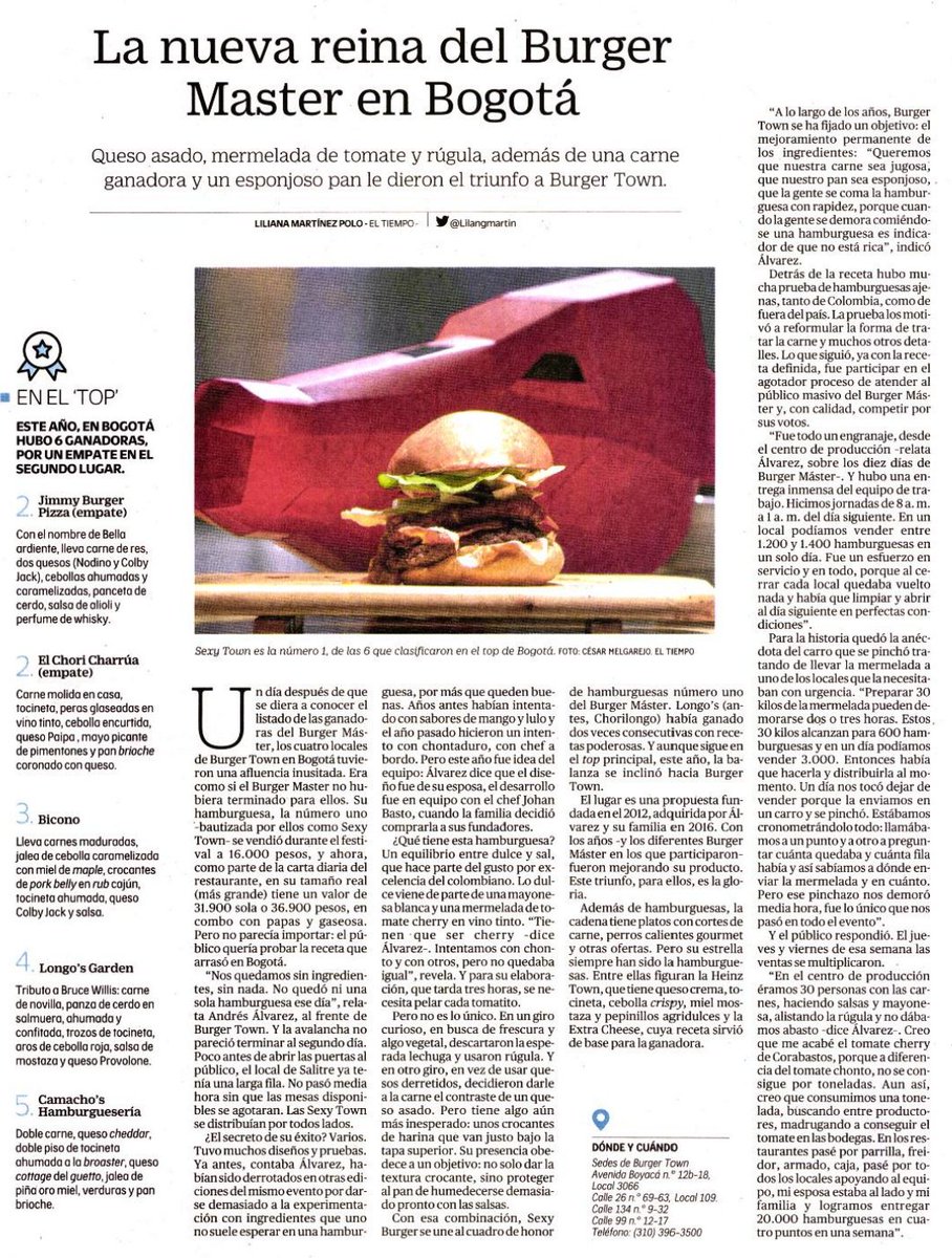 gacunaherazo's tweet photo. Felicitaciones a #BurgerTown🍔 con su #SexyTown🍔ganadores del #BurgerMaster #BurgerMasterCo de @tuliorecomienda Gracias a @ELTIEMPO @Lilangmartin al mantenernos informados y cuando vaya por #Bogotá por allá iré a cenar una de las mejores #Burger #Burgers del país. https://t.co/uc4kBoLWA9