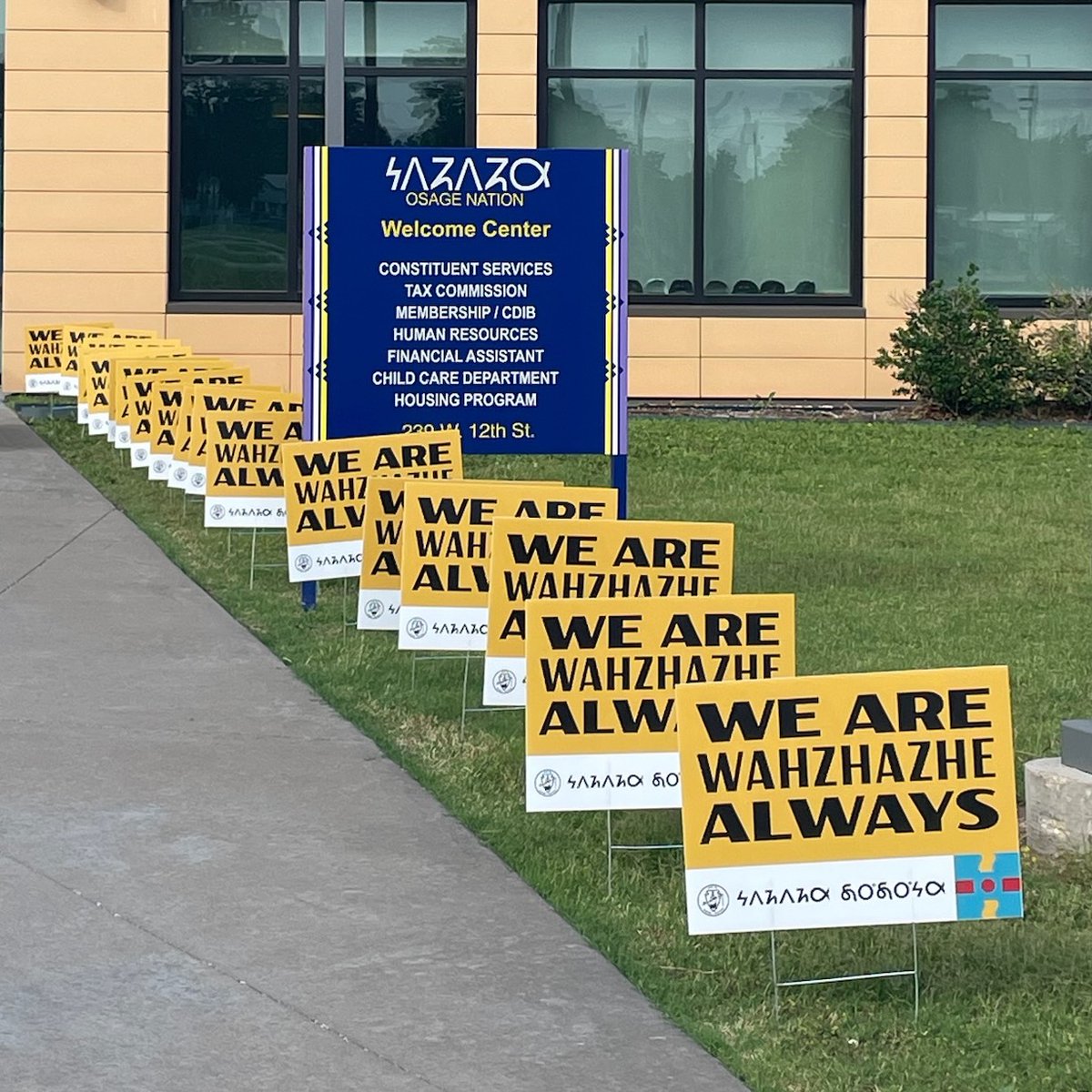 We Are Wahzhazhe Always signs are available for free in front of the Welcome Center! Signs will be replenished throughout June for local and traveling Osage members. We are 𐓷𐓘𐓻𐓘𐓻𐓟 𐓯𐓪͘𐓯𐓪͘𐓷𐓟, Wahzhazhe Always.