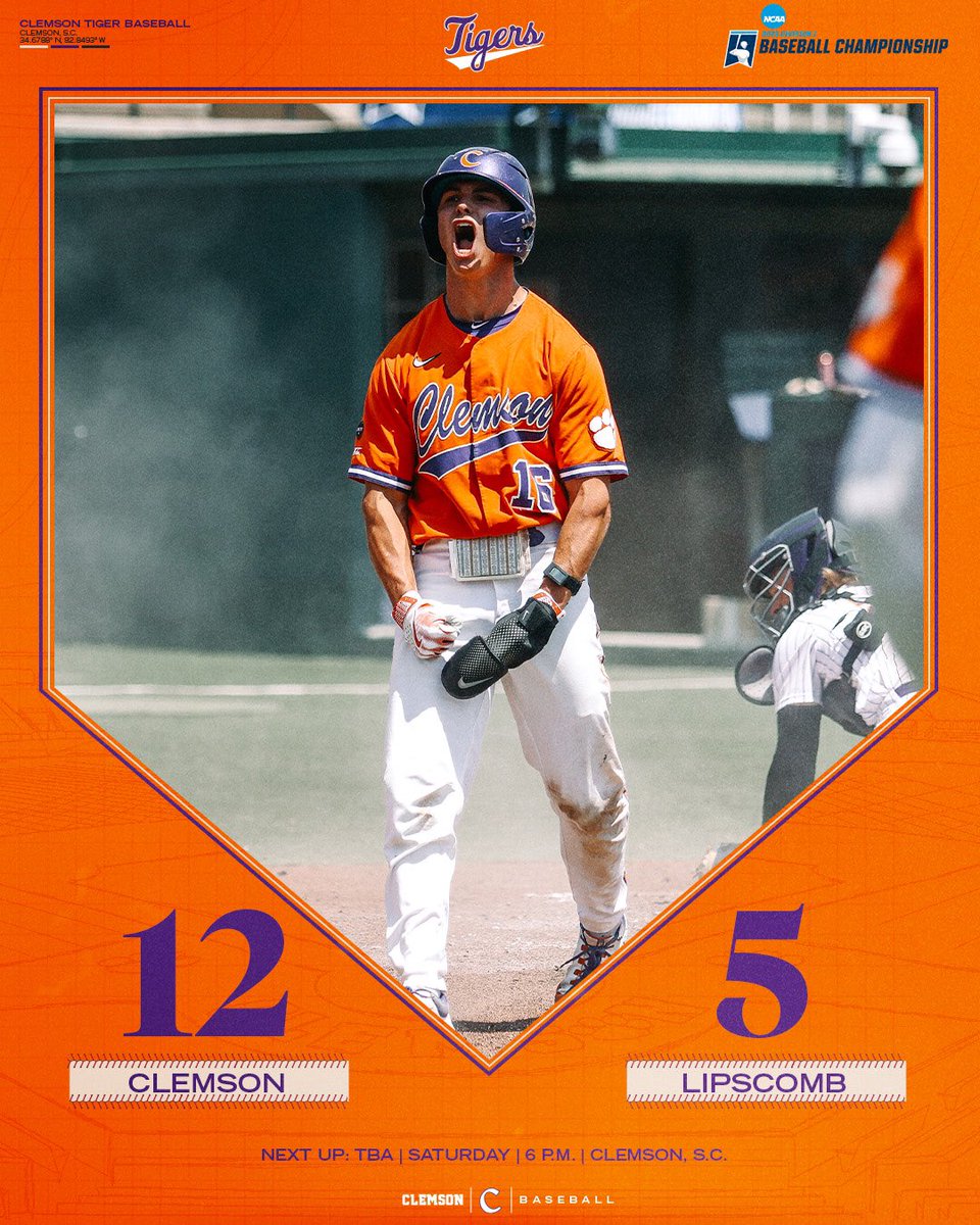 ClemsonBaseball's tweet photo. 𝐓𝐈𝐆𝐄𝐑𝐒 𝐖𝐈𝐍 𝐆𝐀𝐌𝐄 𝟏‼️🐅

Clemson defeats Lipscomb in the first game of the regional 12-5 and advances to Game 4 on Saturday night. 🐅

STORY - https://t.co/hFlMtEk20J https://t.co/APx2oLSgIG
