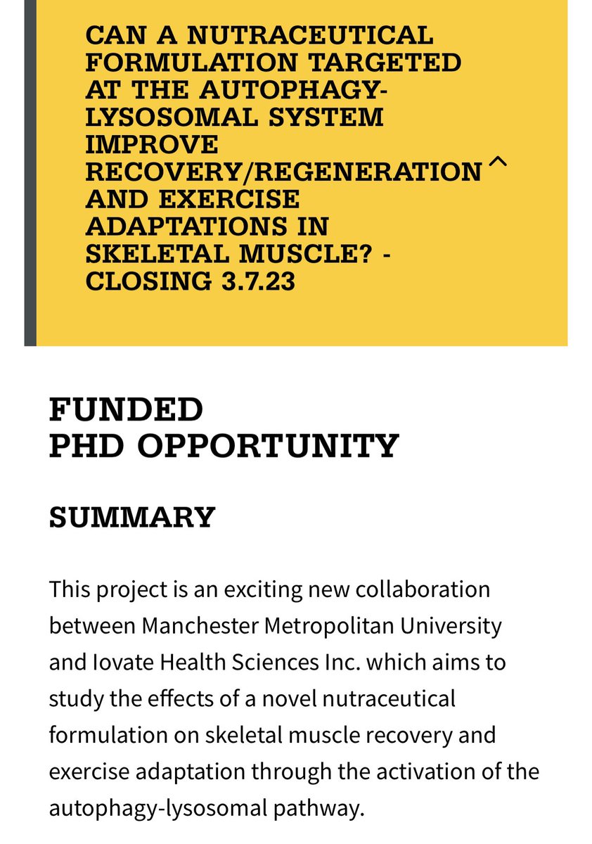 Fully funded PhD studentship available supervised by myself, <a href="/Sale_ExNut/">Craig Sale</a> &amp; Sophie Joanisse in partnership with <a href="/IovateBrands/">Iovate</a>! Main aim is to test the effects of a novel nutraceutical supplement on skeletal muscle recovery and exercise adaptation. Happy to chat if interested!