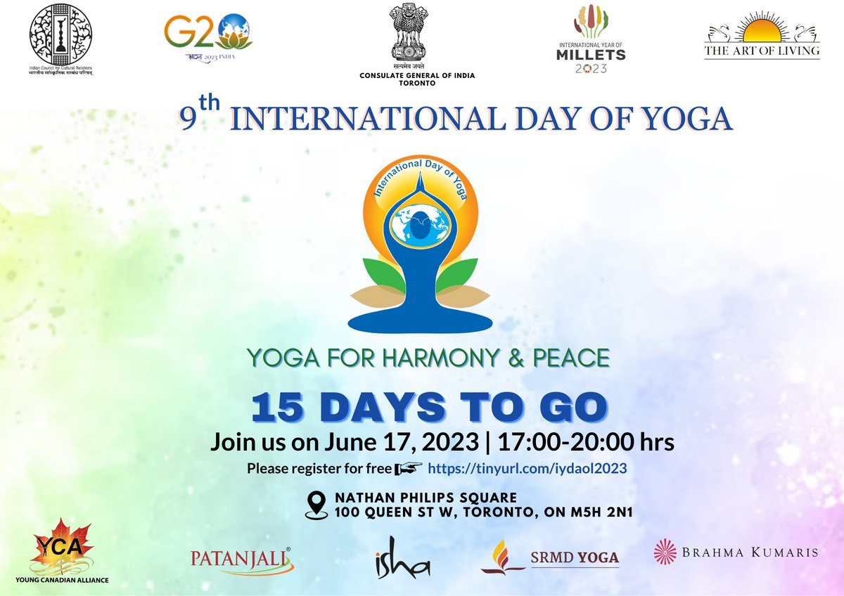 IndiainToronto's tweet photo. Countdown for #InternationalDayofYoga2023 has begun!!⏳
@IndiainToronto invites you all at Nathan Philips Square on June 17, 2023. Register here 👉 https://t.co/a6SBLORzDv
@AlliancesYoung
@ArtofLiving
@iaolcan
@Patanjalicanada
@ishafoundation
@SRMDharampur
@bk_toronto https://t.co/oykKSo7WHI