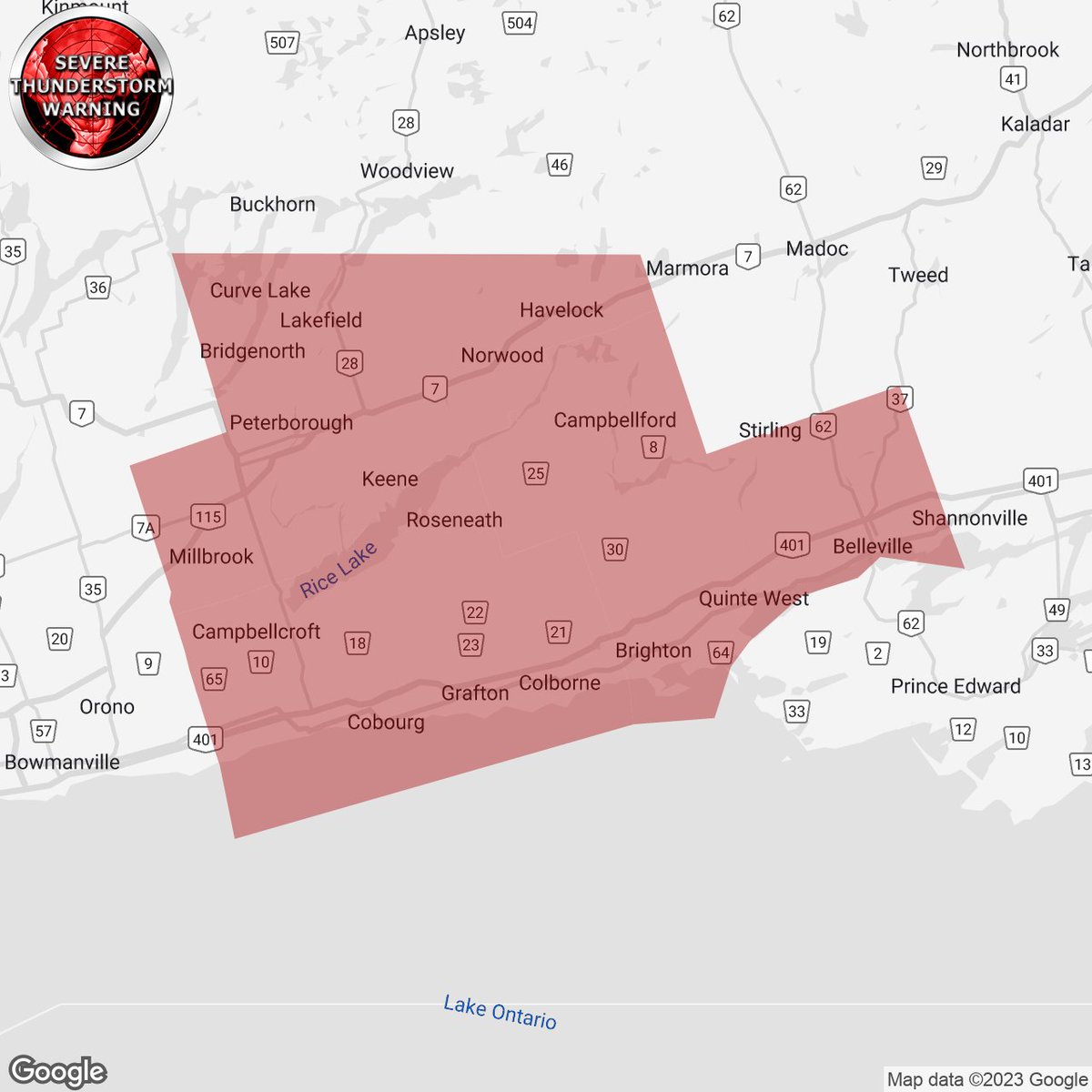 #onstorm 4:21p SEVERE THUNDERSTORM WARNING ISSUED by Environment Canada

Cobourg - Colborne - Western Northumberland County
Belleville - Quinte West - Eastern Northumberland County
Peterborough City - Lakefield - Southern Peterborough County

instantweather.ca/2023/06/02/hQM…