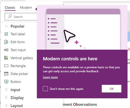 #PowerApps Editor.. always something new!  Driven by telemetry?
No more scrolling down to get to the Modern Controls!!