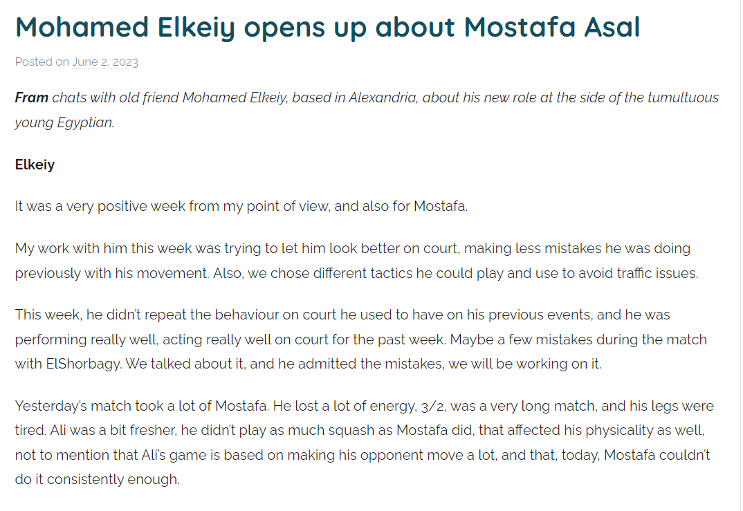 Fram chats with Mostafa Asal new coach, Mohamed Elkeiy, about his work with him this week...